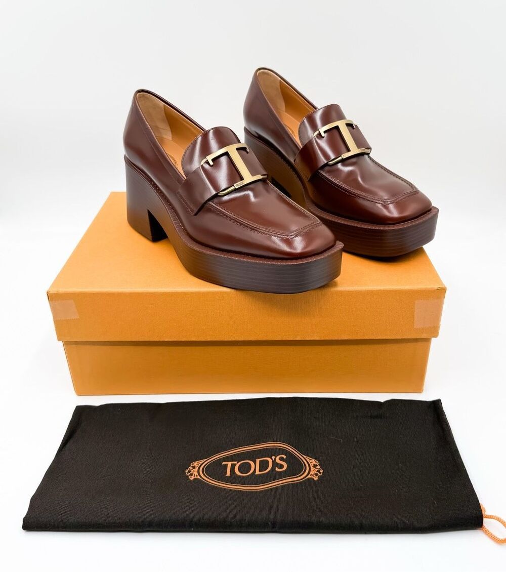 Tod’s Gomma Loafers Women Brown Leather Platform Block Heel Gold Buckle Shoes